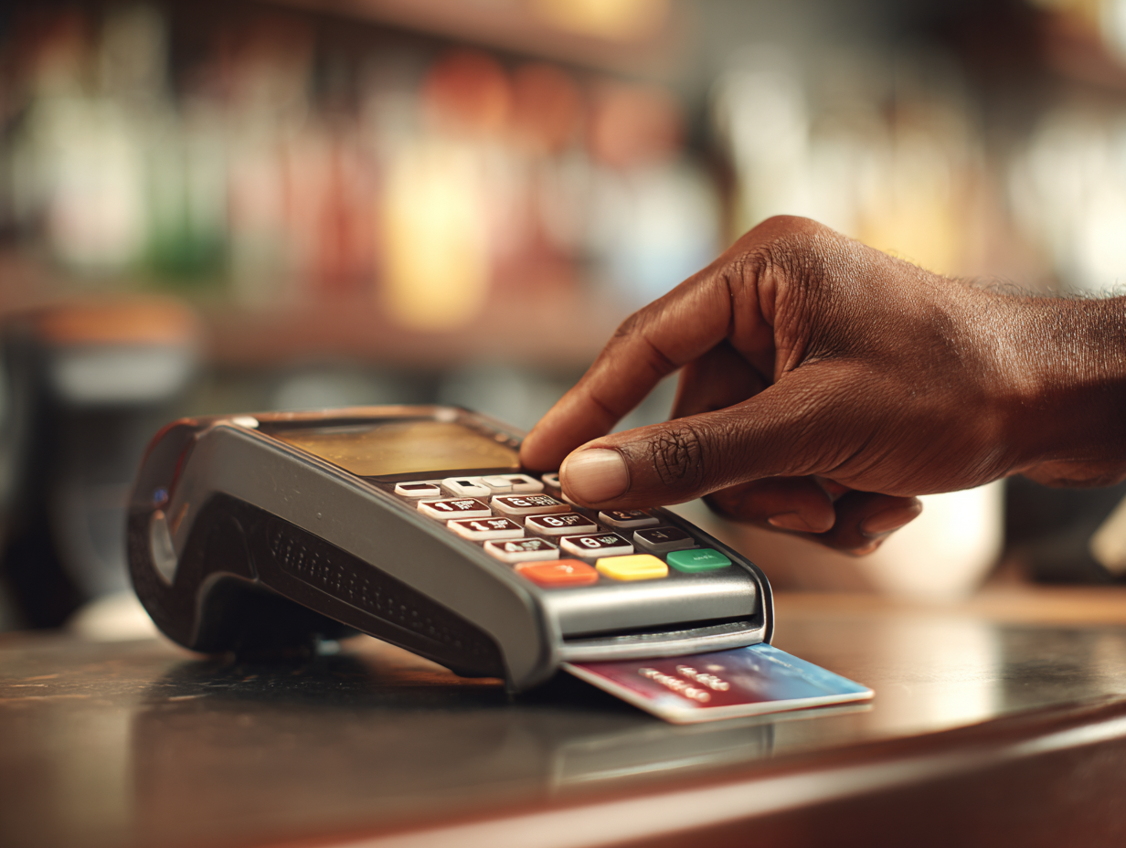 Person paying with a card on a terminal.