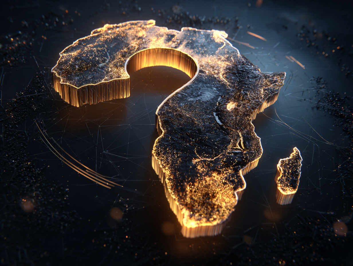Artistic representation of the African continent made of golden light.